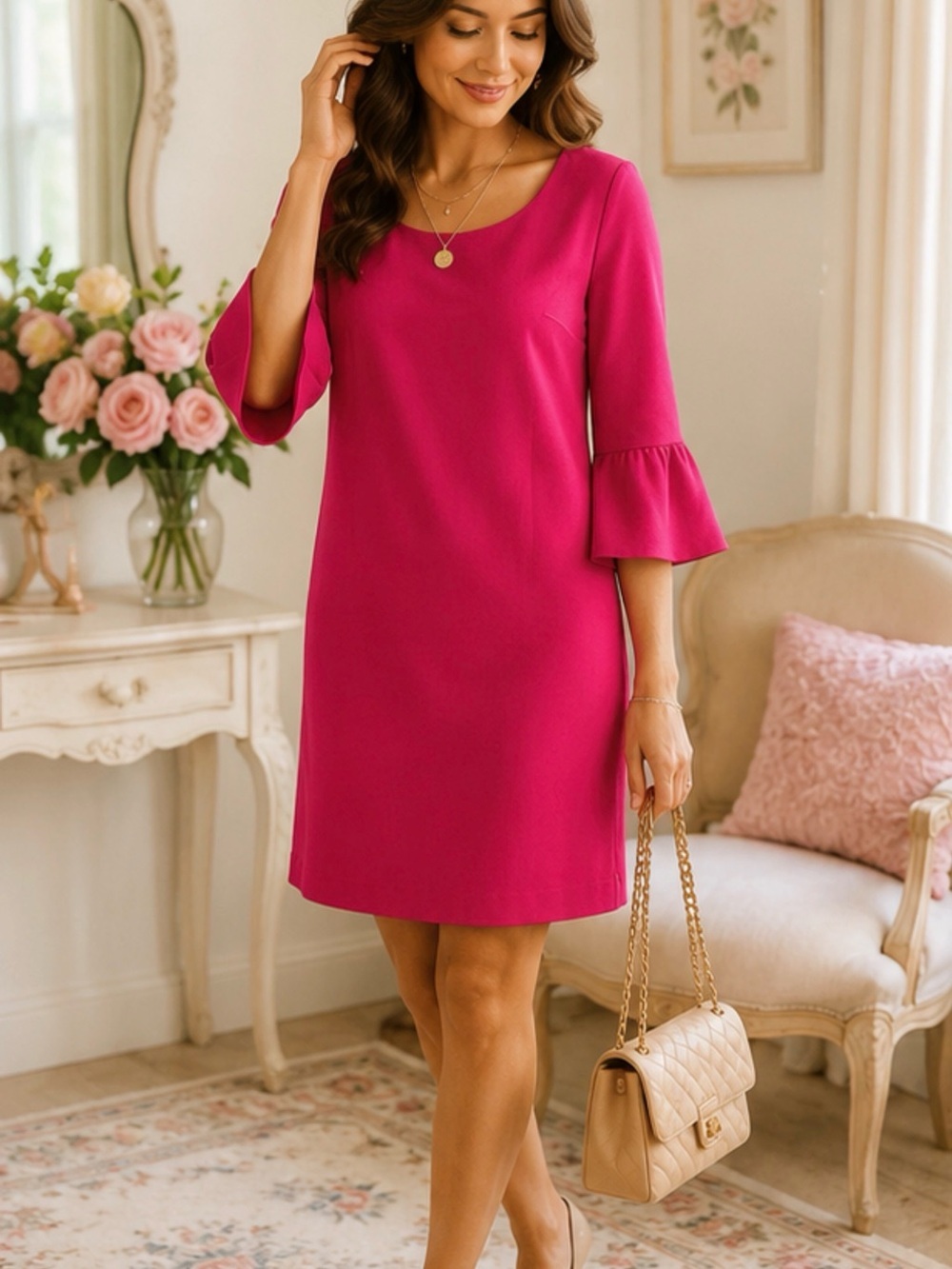 Talbots Fuchsia Bell-Sleeve Shift Dress